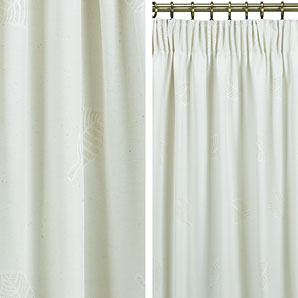 Pencil pleat curtains featuring a woven leaf design. One pair of 182cm width curtains will fit curta