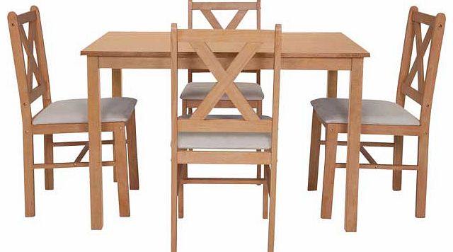 From the Ava collection. this dining set will bring a bright new look to your dining room. The tabletop is made from rubberwood veneer with an oak stain finish. and the chairs are solid wood frames with cream seat pads. This Ava table and cream chair