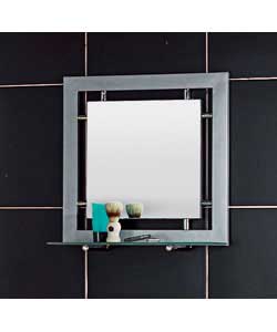 Mirror with frosted glass shelf.Frame in silver finish with chromed detail. Wall fixings not