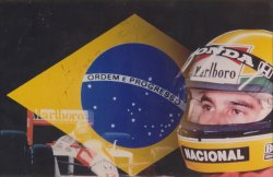Ayrton Senna Flag / Helmet Signed Photo