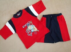 Red short sleeved t-shirt with Navy and white tirm at armholes and navy nec
