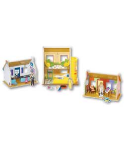 The playset includes 3 wooden houses