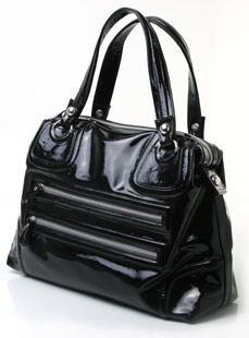 Patent day bag featuring double zip detail on front and zipped closure on top. The Bamelia handbag h