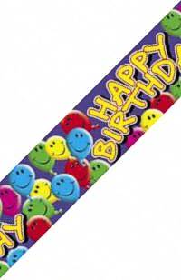 Smilie faces on balloons decorate this Happy Birthday banner