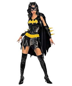 Dress with attached cape, gloves, vinyl mask, vinyl belt and boot tops.Black/yellow.100 Polyester.Sp