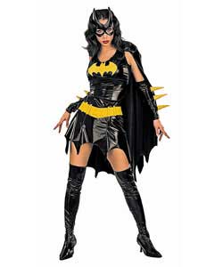 Black and yellow dress with attached cape, glovelets, vinyl mask, vinyl belt and boot tops. Dress si