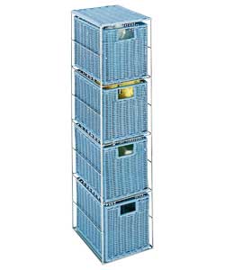 4 drawer, blue resin and chrome storage tower.Size (W)17, (D)20, (H)65cm. Ready assembled
