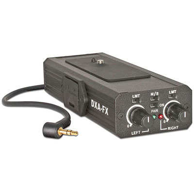 The BeachTek DXA-FX is a two channel, battery-powered microphone adapter with built in preamplifiers
