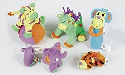 Five different rattles/teethers featuring the five Beanstalk characters