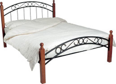 BONJOU DOUBLE BED WITH BLACK METAL FRAME AND CHERRY WOOD POSTS.METAL MESHED BASED