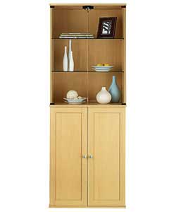 Beech effect cabinet. 2 adjustable internal shelves. 2 glass doors with silver effect cone shape