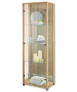 2 glass doors. 3 internal glass shelves and base shelf. Size (W)58, (D)36, (H)172cm. Weight in