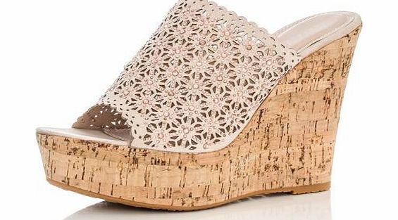 Unbranded Beige Cut Out Diamante Slip On Wedges