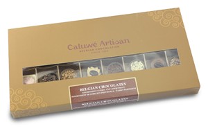 Luxury Belgian chocolates from artisan chocolate maker Caluwe. A gift box containing 32 luxury chocolates of 8 different creations in attractive cups. Amazing value for money. Sweet and generous flavourings so typical of Belgian chocolates.