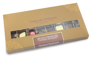 A gift box containing 32 luxury Belgian chocolate and fruit creations of 8 different types. Luxury Belgian chocolates from artisan chocolate maker Caluwe. Amazing value for money. Sweet and generous flavourings so typical of Belgian chocolates.