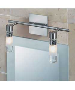 Brushed chrome finish with acid glass shades.IP44 twin bathroom light.Size (H)17, (W)32.5, (D)13.5cm