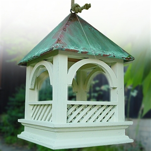This attractive hanging bird table features intricate woodwork in distressed green finish with a ver