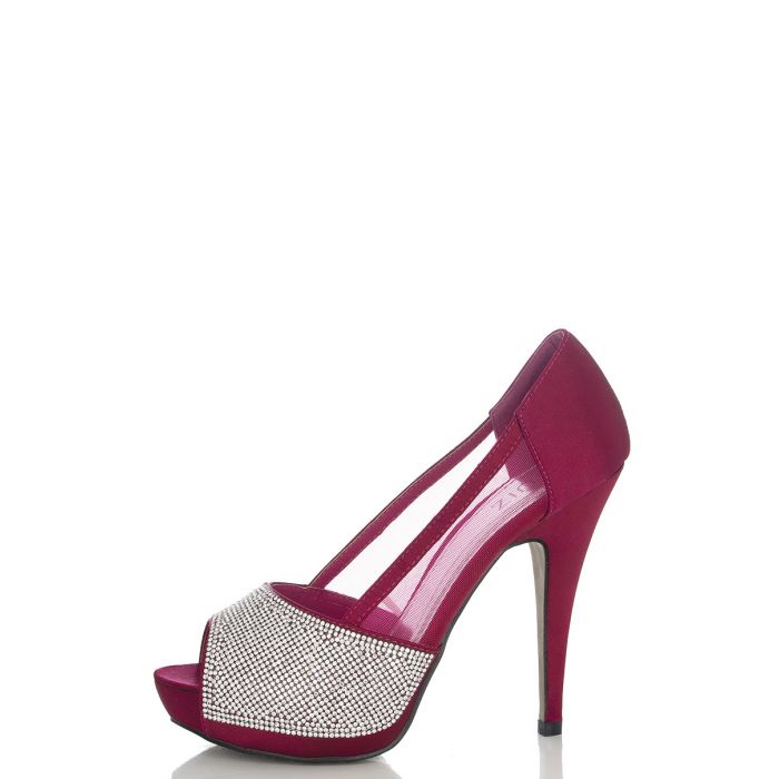 Unbranded Berry Diamante Mesh Platform Peep Toe Shoes