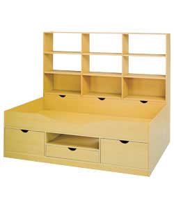Beech finish cabin bed with storage shelves. Size (W)95.5, (L)195.1, (H)60.2cm. Size of storage shel