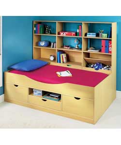 Beech finish cabin bed with storage shelves. Size (W)95.5, (L)195.1, (H)60.2cm. Size of storage shel