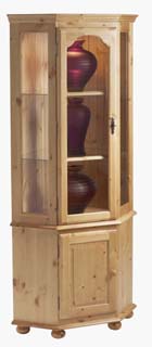 CORNER DISPLAY CABINET WITH INTERNAL LIGHTING AND PINE EDGED ADJUSTABLE GLASS SHELVES IN