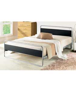 Double bedstead with faux leather panels on head/footboards. Metal and faux leather frame.Comfort