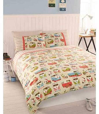 This fun printed design features retro camper vans and scooters. In bright colours with stylish stripe and natural ground. this design will suit any bedroom. For the hippies and the music groupies to the young at heart. bring a touch of nostalgia to 