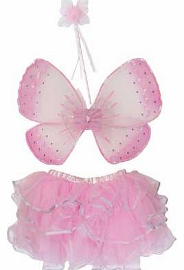 Make fairy magic with this beautiful costume. The glittery sequin wings have elastic straps with velcro fastening while the tiered pink skirt is edged with silver ribbon. A matching butterfly wand completes the look. Perfect for parties or for just d