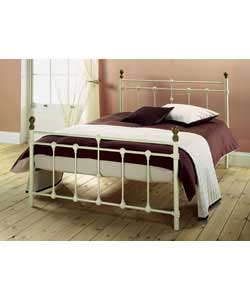 Ivory colour bedstead with antique brass colour finials.Metal frame.Comfort mattress.Overall size