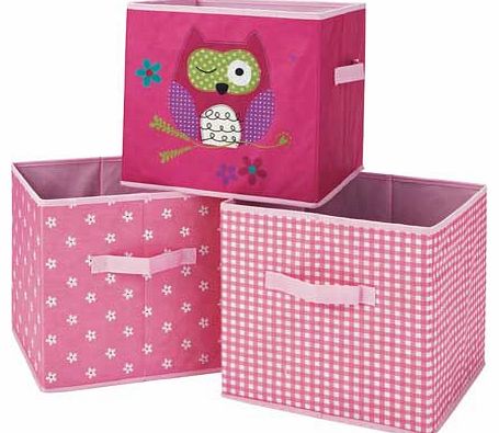 These handy canvas storage cubes are simple. lightweight storage solutions that can be packed flat when not in use. Each box has a different funky pattern in this set of three - one gingham. one daisy. and one with an owl. Folds flat. Size H28. W30. 