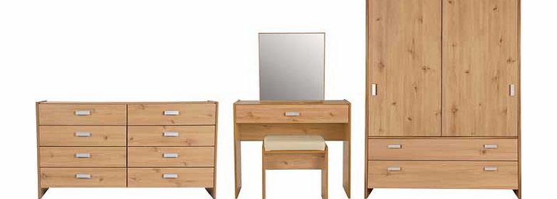 Part of the modern and functional Capella collection. this pine effect furniture package features a two sliding door wardrobe with two drawers beneath for extra storage. Plus an eight drawer chest and dressing table with metal runners and silver colo