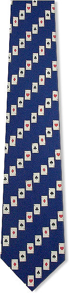 I bet you haven`t ever seen a dark blue silk tie where the diagonal stripes are made from playing ca