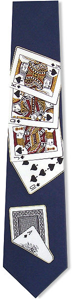 Poker fans would kill for a tie like this featuring the ultimate hand, a royal flush, on a navy blue