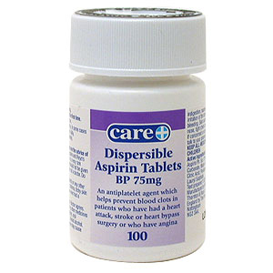 Care 75mg Dispersible Aspirin Tablets are an antiplatelet agent which helps prevent blood clots in p