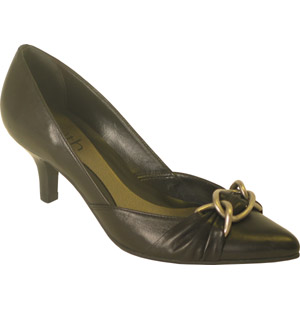 Leather court shoes with twisted metal chain detail. The Carm courts have an overlay strap and mediu