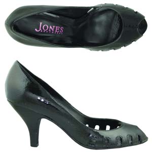 A stylish peep-toe court from Jones Bootmaker. Features decorative cut-outs, rounded toe and a prett