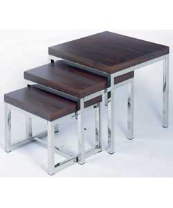 Walnut effect and metal nest of 3 tables.Size of largest table (L)50, (W)50, (H)46.5cm.Packed flat