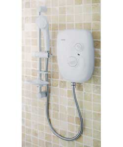 Shower with flexible hose, riser rail and soap dish.Stylish slimline design.Comes with limescale res