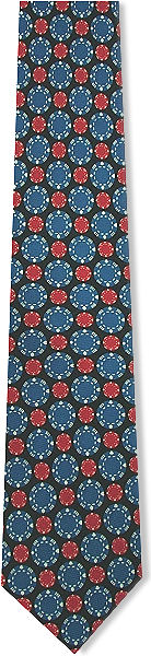A great tie for gamblers and croupiers with lots of blue and red casino chips all over on navy.