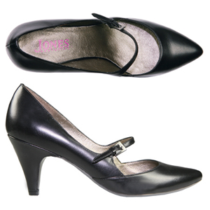 A modern Mary-Jane style court shoe from Jones Bootmaker. Features pointed toe, thin strap across th