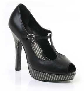 Leather court shoe with buckled T-bar strap and peep toe. The Cassie courts have a stripy patterned 
