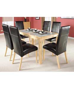 Catalina Natural Colour Table/6 Black Faux Leather Chairs