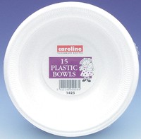 Economy white plastic bowls suitable for hot or cold puddings or soups.