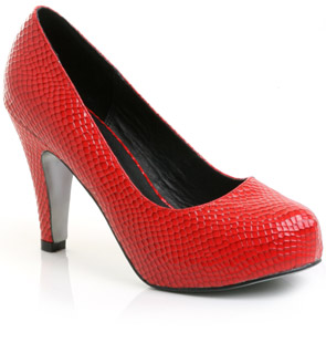 Patent court shoe with covered platform and faux snake skin effect. The classic Cecobra shoes have a