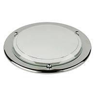 240V. Low profile suitable for low ceilings and corridors. Metal rim, opal glass diffuser with