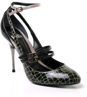 Patent leather court shoe with all-over faux snake skin effect and double dolly bar straps. The Celm