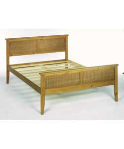 Pine wood and wicker double bedstead with antique finish. Size (W)150,(L)197.5,(H)90.4cm. Packed