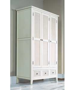 Pine frame, doors and drawer fronts with pine veneer sides and top.White finish and rattan