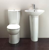 Suite contains basin and pedestal, tap pack and WC, Colour: White suite and toilet seat, Tap pack