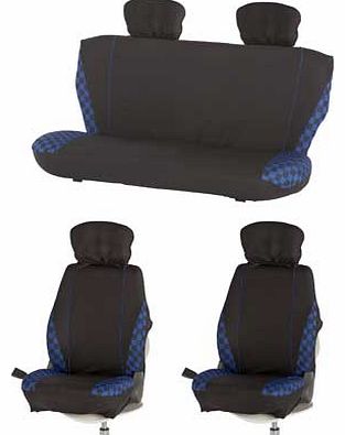 Blue check car seat and headrest covers. with foam padding for extra comfort. Made from polyester. 2mm thick foam padding. 2 front seat covers and 2 piece rear seat covers. 4 headrest covers. Universal fit. Compatible with seat side airbag. EAN: 1518